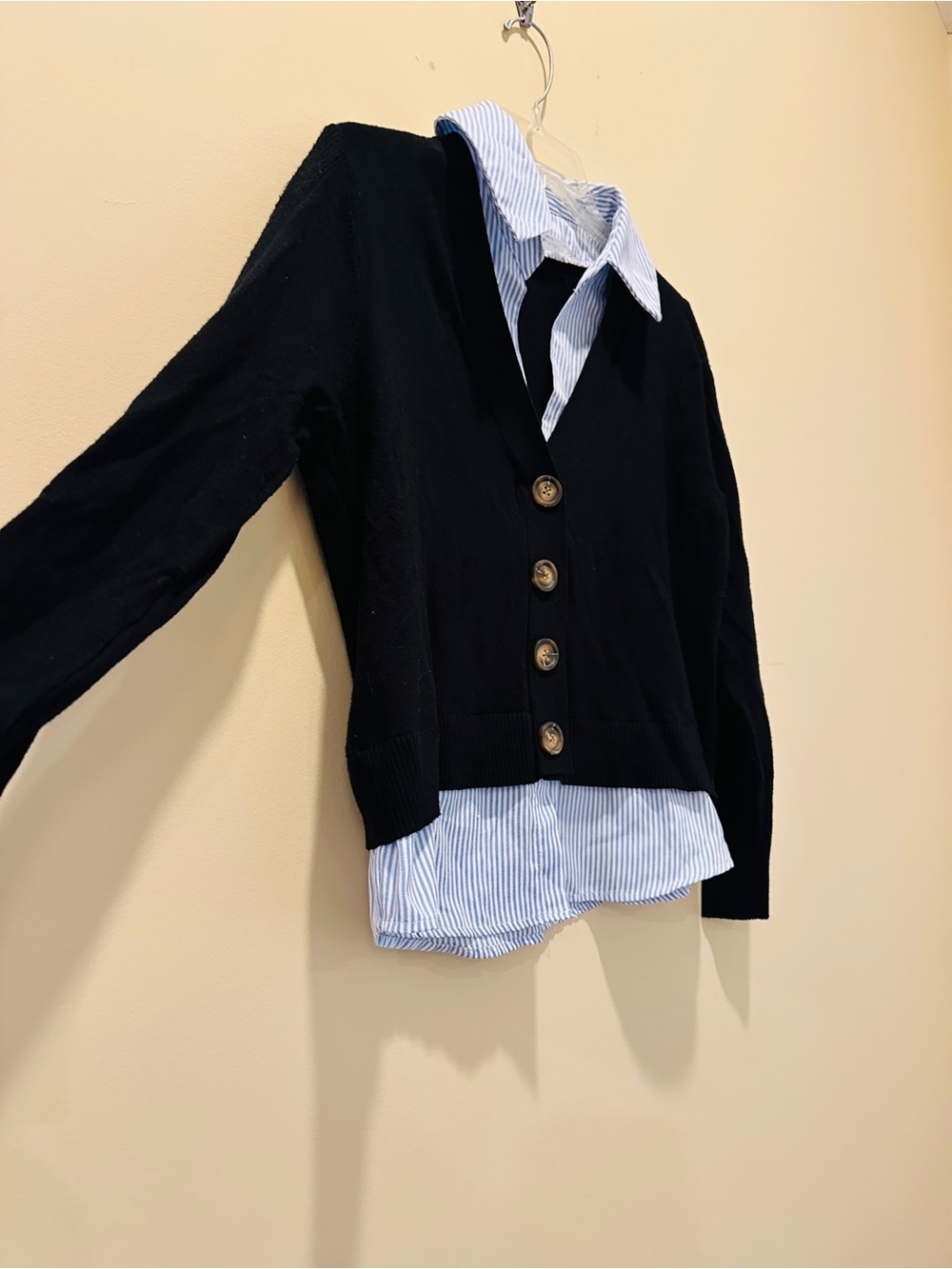 Sioni Milano Women's Mock 2-Piece Collared Layered Cardigan Black/Blue Striped M - Picture 5 of 7